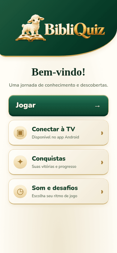 Tela inicial real do BibliQuiz, com opções Jogar, Conectar à TV, Conquistas e Som e desafios.