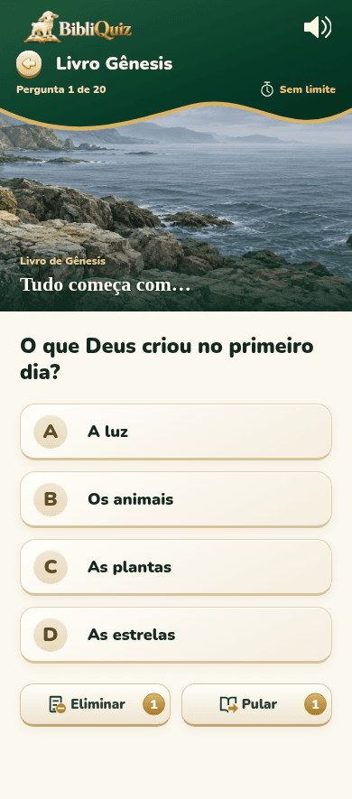 Captura do BibliQuiz: pergunta de Gênesis com quatro alternativas e ajudas Eliminar e Pular.